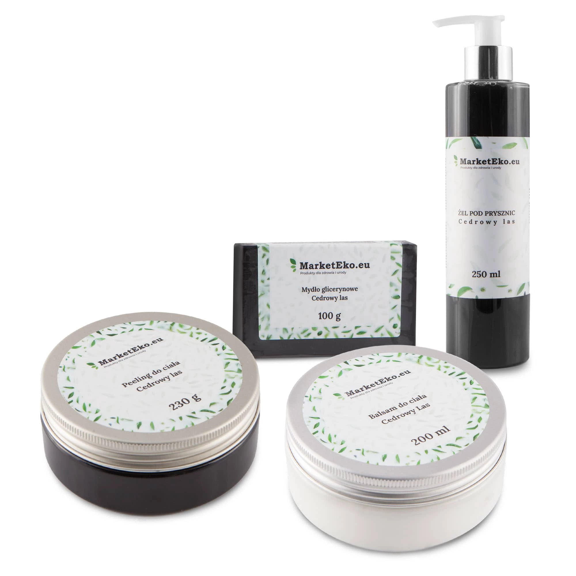 Zestaw kosmetyków - CEDROWY LAS - Balsam do ciała, Peeling do ciała, Żel pod prysznic, Naturalne mydło glicerynowe