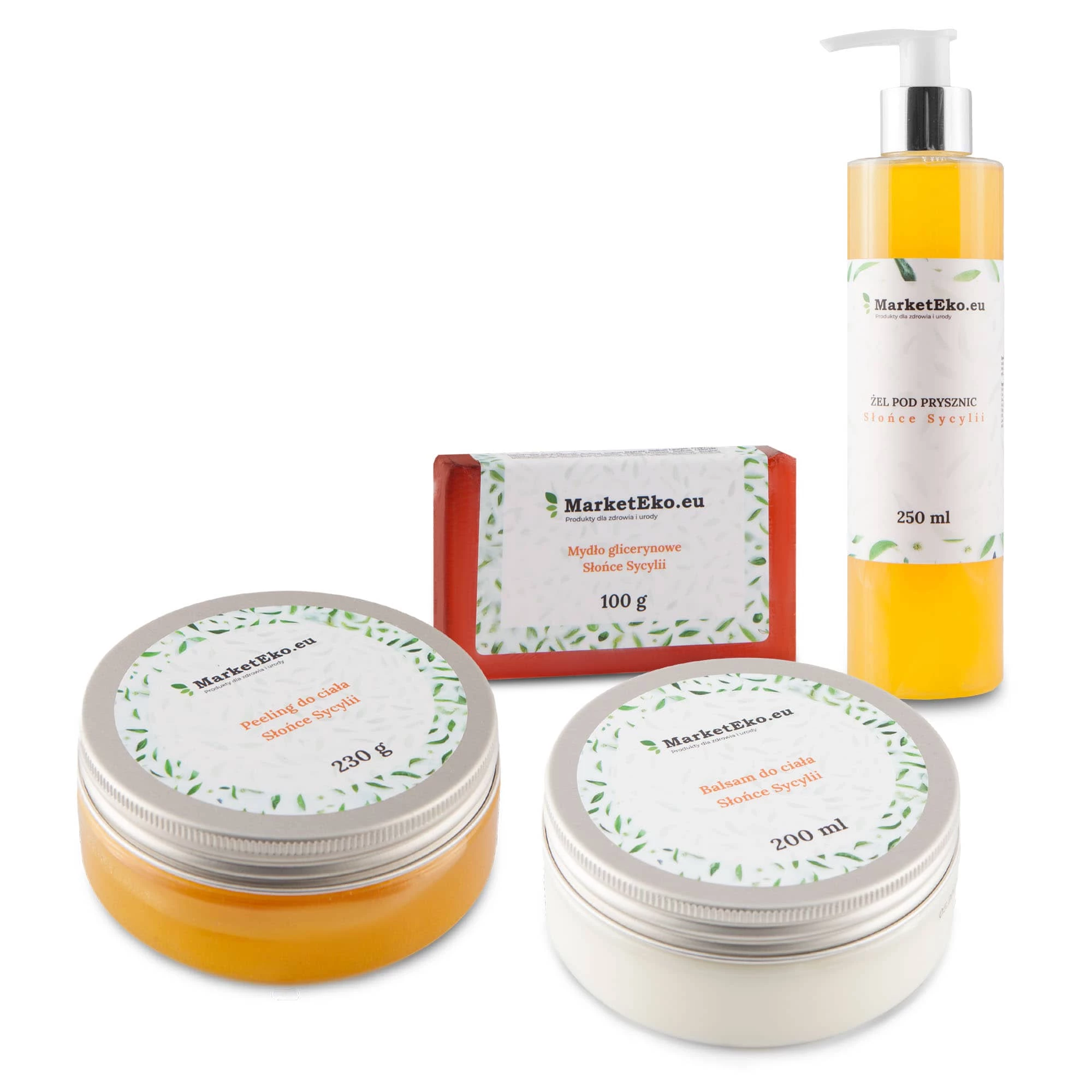 Zestaw kosmetyków - SŁOŃCE SYCYLII - Balsam do ciała, Peeling do ciała, Żel pod prysznic, Naturalne mydło glicerynowe