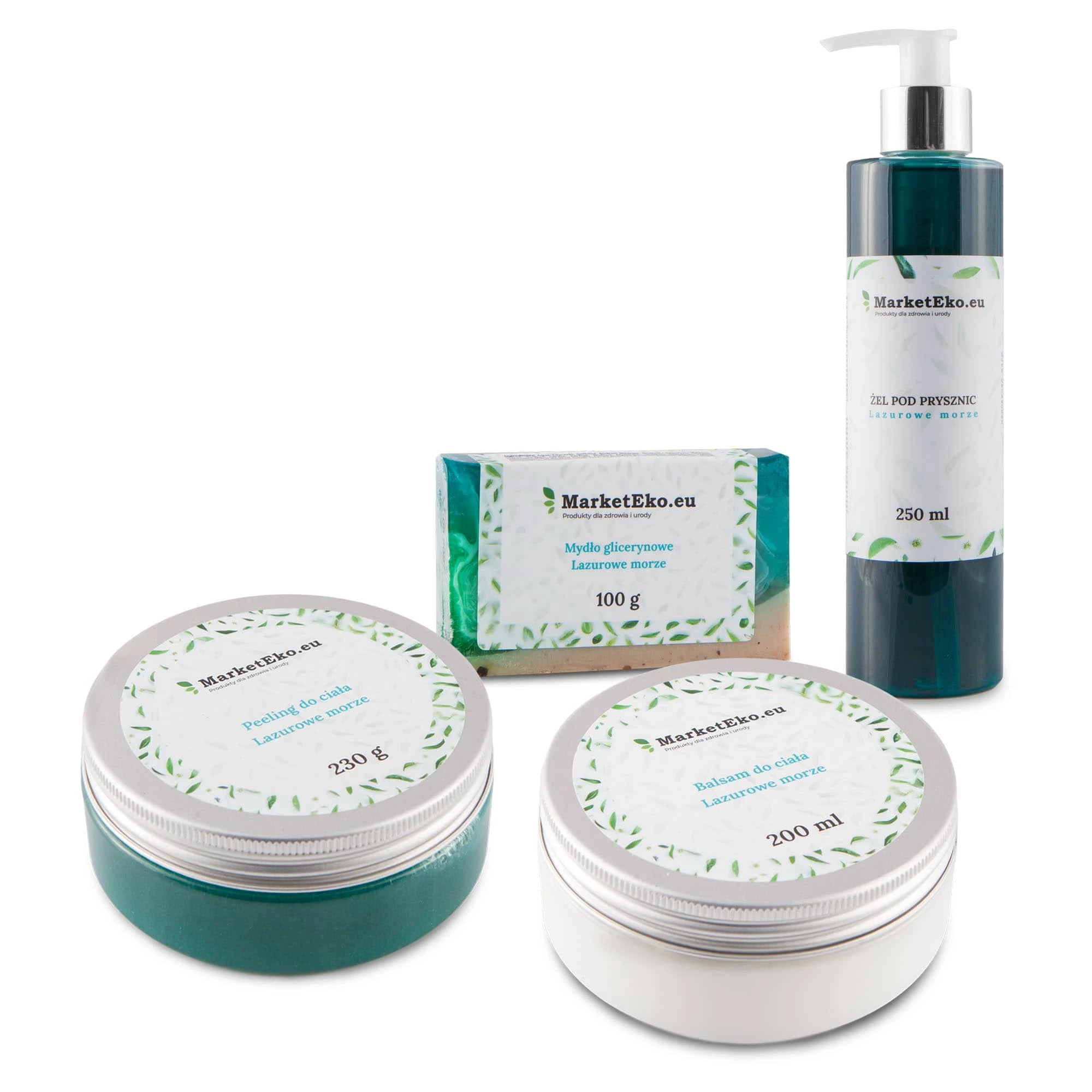 Zestaw kosmetyków - LAZUROWE MORZE - Balsam do ciała, Peeling do ciała, Żel pod prysznic, Naturalne mydło glicerynowe